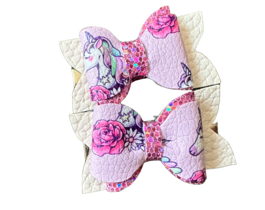 Mini Hair Bow Bursting with Purple Glitter and Unicorn Enchantment Pattern | Dejahdesigns
